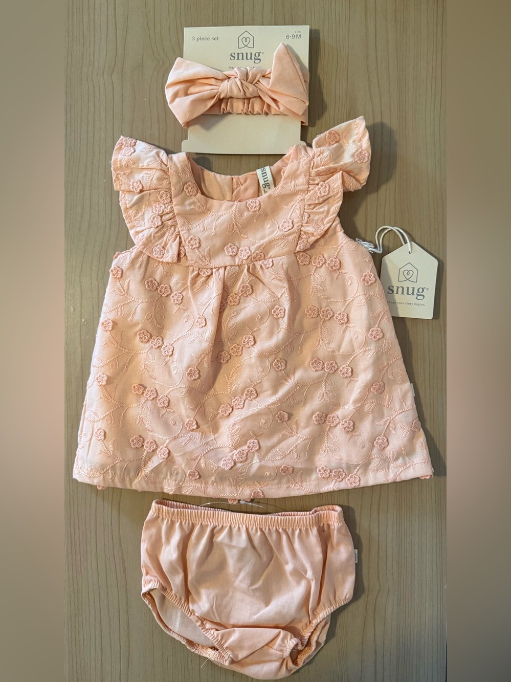Peach Floral Embroidered Baby Matching Set with Headband